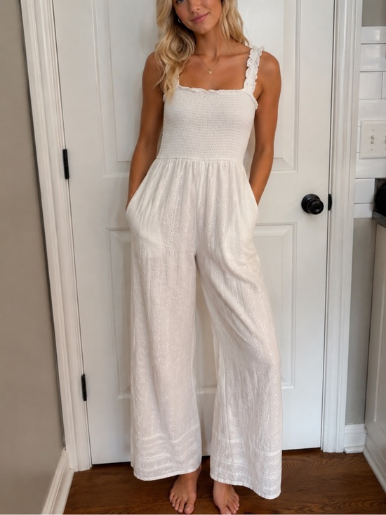 Jessica Simpson Pants - Jessica Simpson White Eyelet Smocked Strap Wide-Leg Jumpsuit